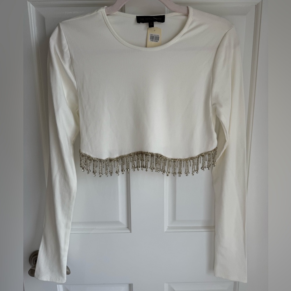 Rhinestone Fringe White Crop Top